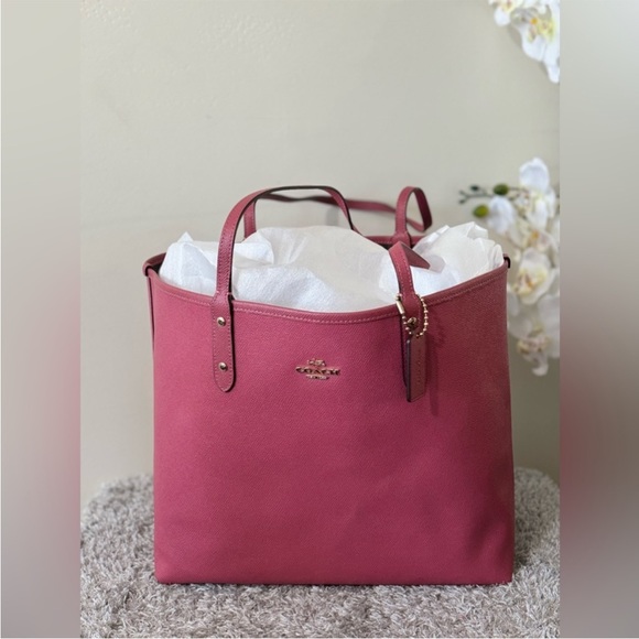 COACH Reversible Brown/Old Rose Signature Coated Canvas Leather City Tote - Picture 10 of 15